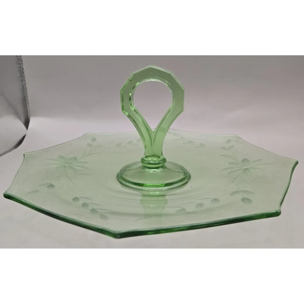 VTG Uranium Platter Glossy Depression Glass  Center Handle Octagon Floral Etched